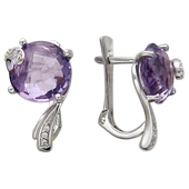 Сказочные золотые серьги с двумя аметистами 6.5 карат круглой огранки и фианитами из белого золота 585 пробы
