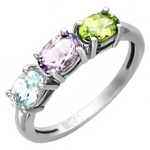 Кольцо с аметистами, топазом и хризолитом из белого золота 585 пробы