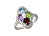 Кольцо с аметистами, гранатом, топазом, фианитами и хризолитом из серебра 925 пробы