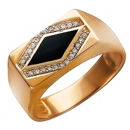 Мужской перстень с ониксом и 24 фианитами круглой огранки 0.2 карата из красного золота 585 пробы