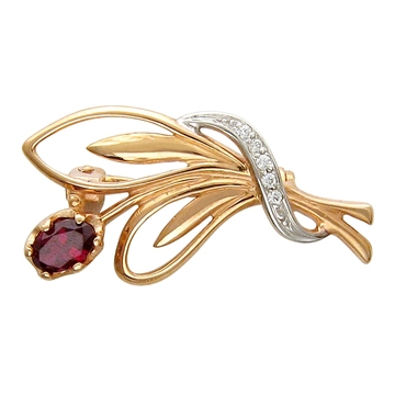 Брошь с фианитами из красного золота 585 пробы