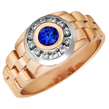 Печатка с синтетическим рубином и фианитами из комбинированного золота 585 пробы