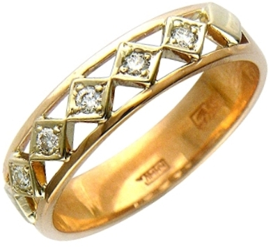 Замысловатое кольцо с 5 бриллиантами 0.14 карата из комбинированного золота 585 пробы