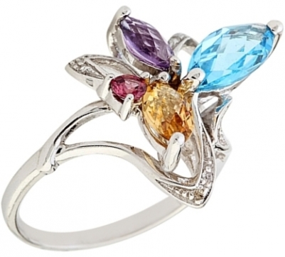 Кольцо из серебра 925 пробы с топазом, цитрином, аметистами, родолитом