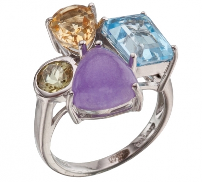 Кольцо из серебра 925 пробы с жадеитом, топазом, цитрином, кварцем