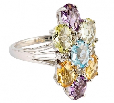 Кольцо из серебра 925 пробы с аметистами, цитрином, кварцем, топазом