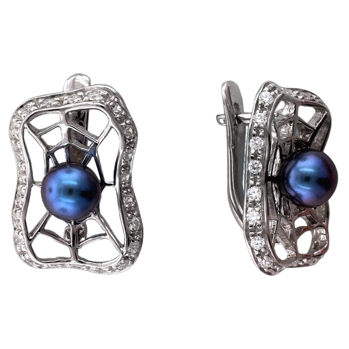 Серьги с жемчугом и фианитами из серебра 925 пробы