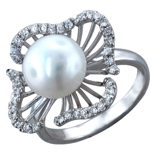 Кольцо с жемчугом и фианитами из серебра 925 пробы
